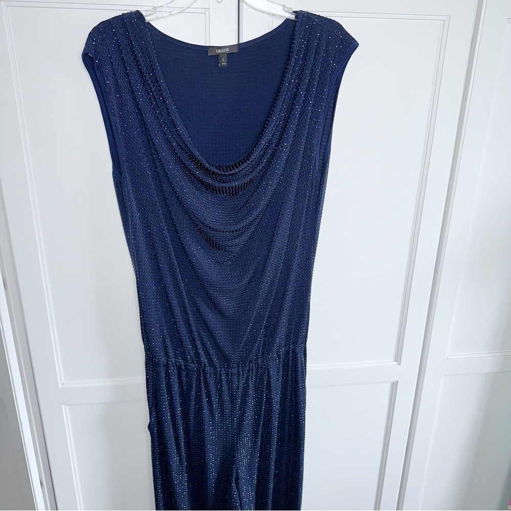 Grayse Jumpsuit Diamond Pave Cowl Neck Navy Stud Large CottageCore Y2K Glam - Picture 2 of 15